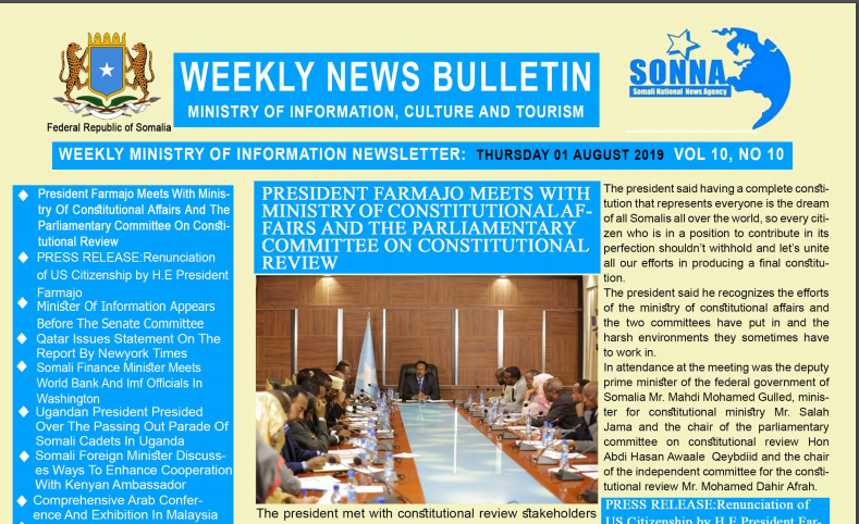 Weekly News Buletin Ministry of information, Culture and Tourism 1 August 2019