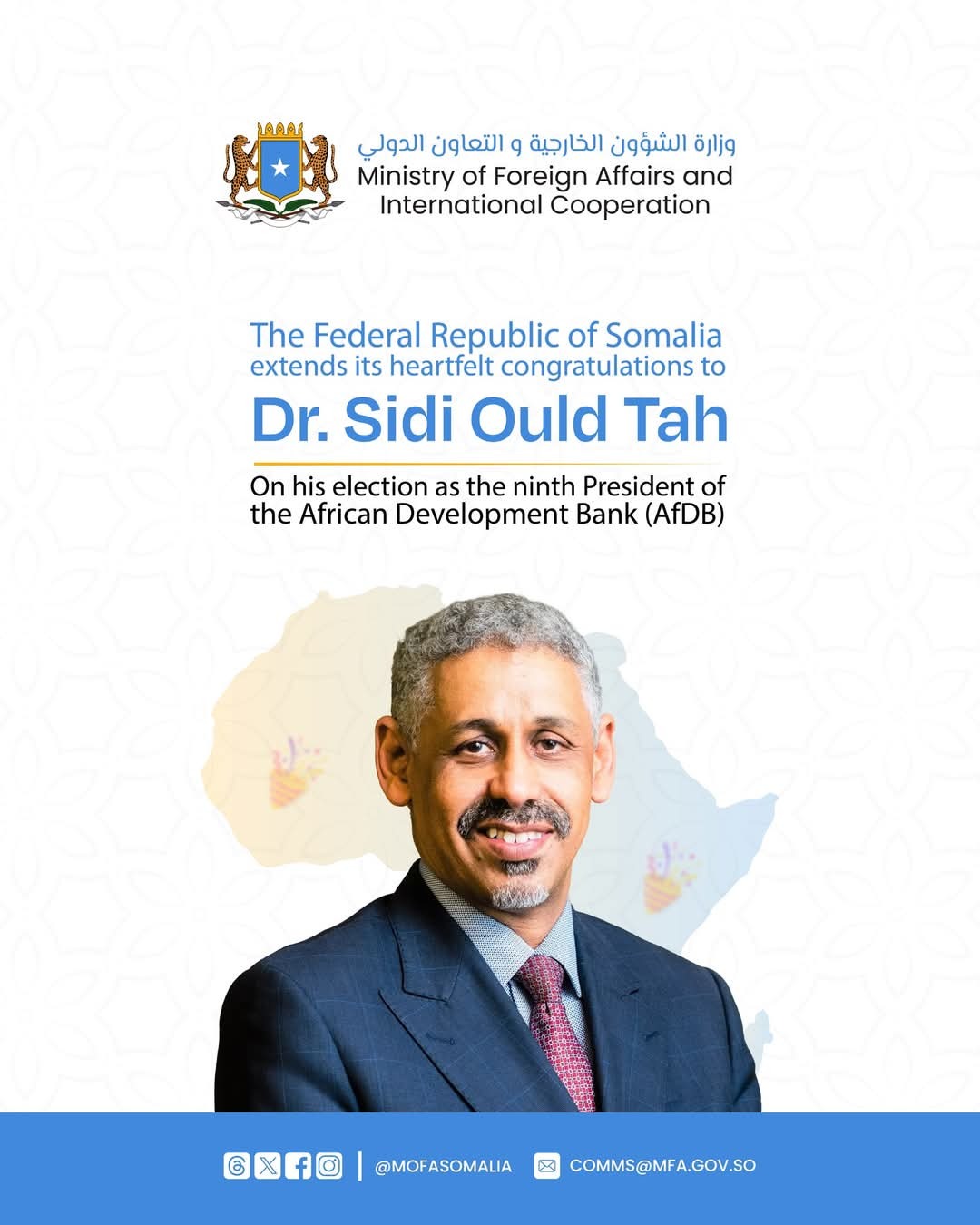 AU Commission and Somalia Extend Congratulations to Dr. Sidi Ould Tah on AfDB Presidency
