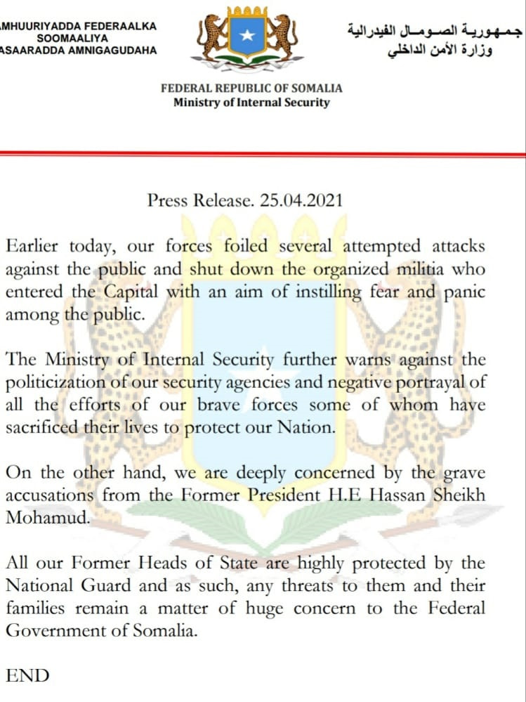 Press Release, Federal Government of Somalia has issued an statement on Sunday night’s security incidents in Mogadishu