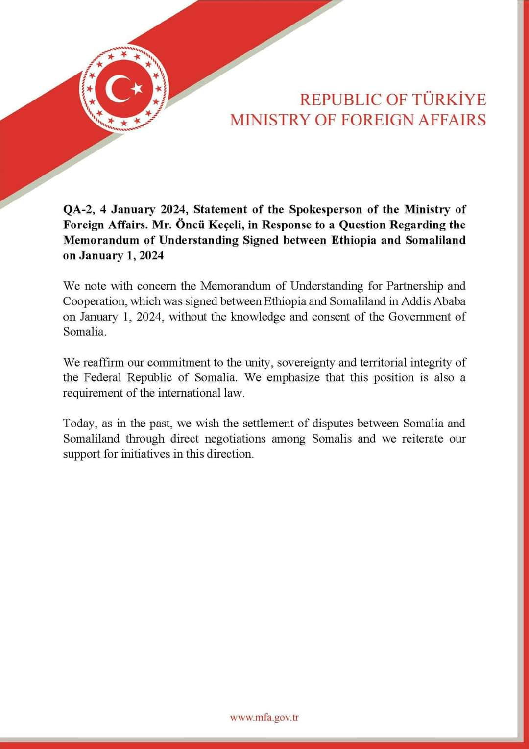 Turkey condemns Ethiopia-Somaliland deal as a violation of Somalia's sovereignty