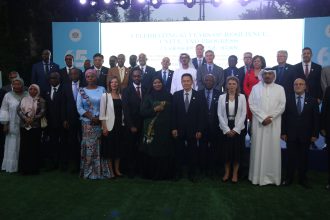 Dr. Hodan Osman Abdi, poses with distinguished diplomats and senior Chinese officials during the 65th Independence Day celebration at the Somali Embassy in Beijing.
