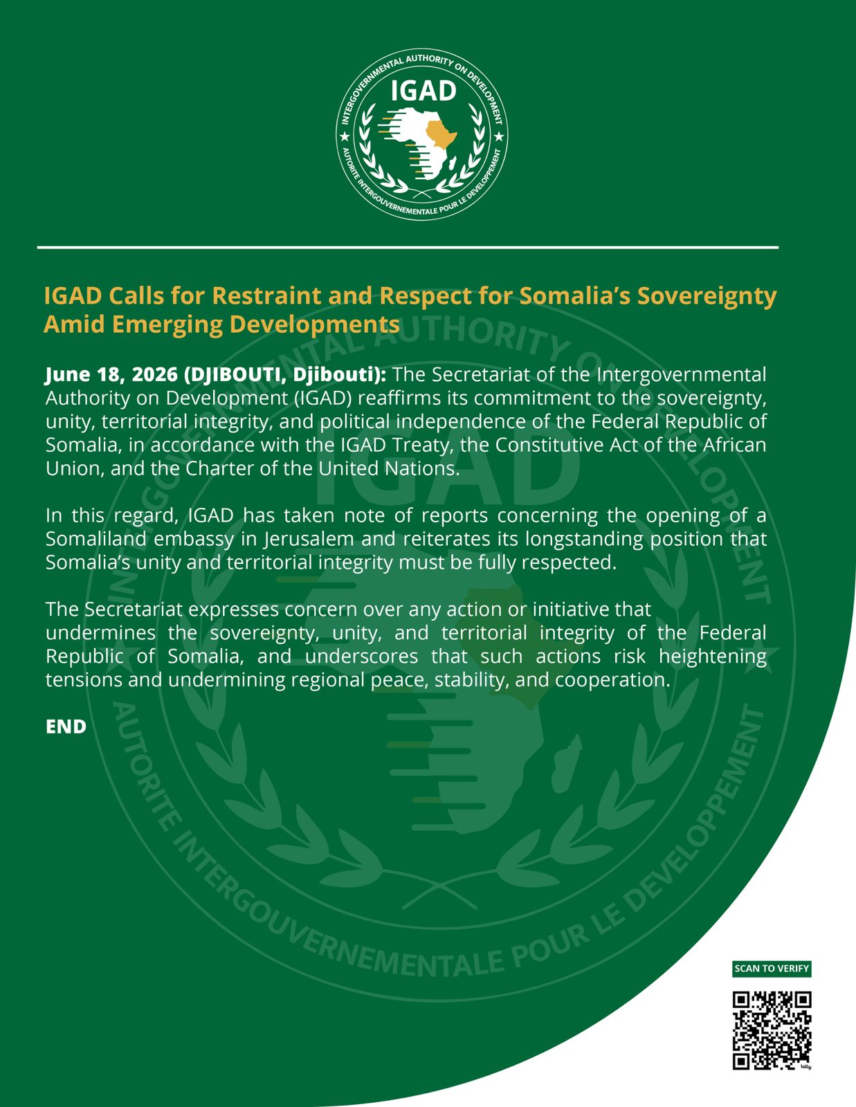 IGAD Reaffirms Commitment to Somalia's Sovereignty and Territorial Integrity