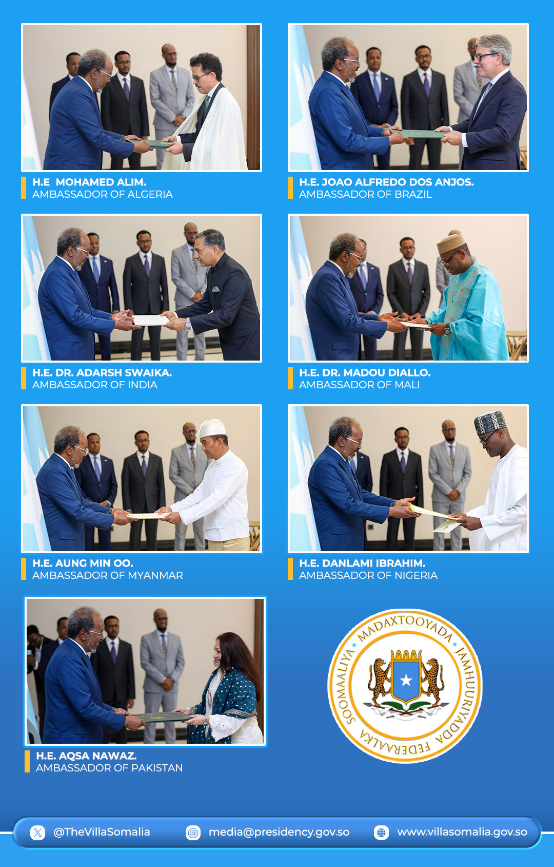 President Hassan Sheikh Receives Credentials from Seven Newly Appointed Ambassadors