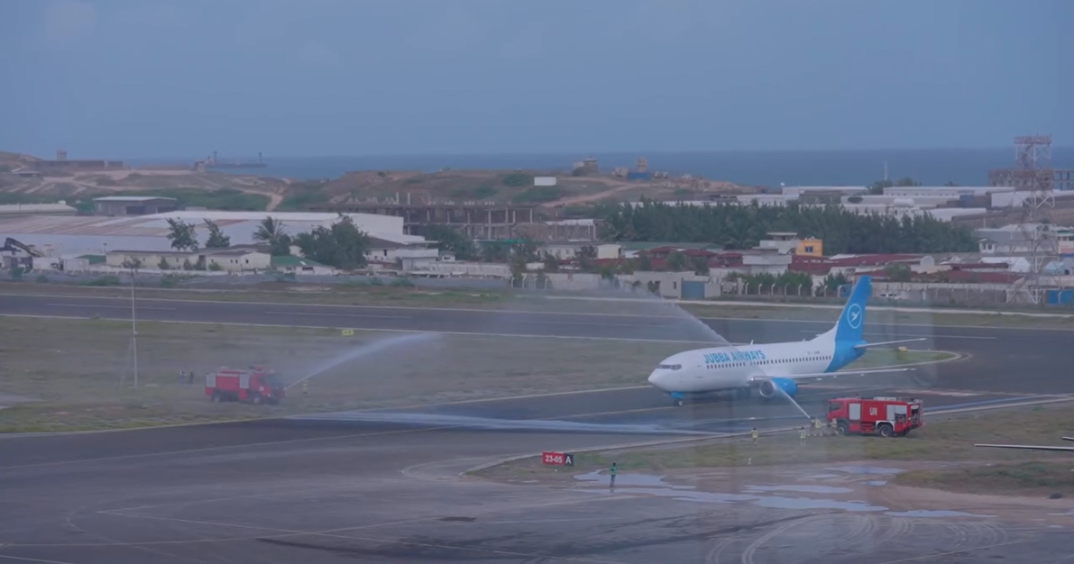 Jubba Airways returns to international routes with a water salute at Aden Adde