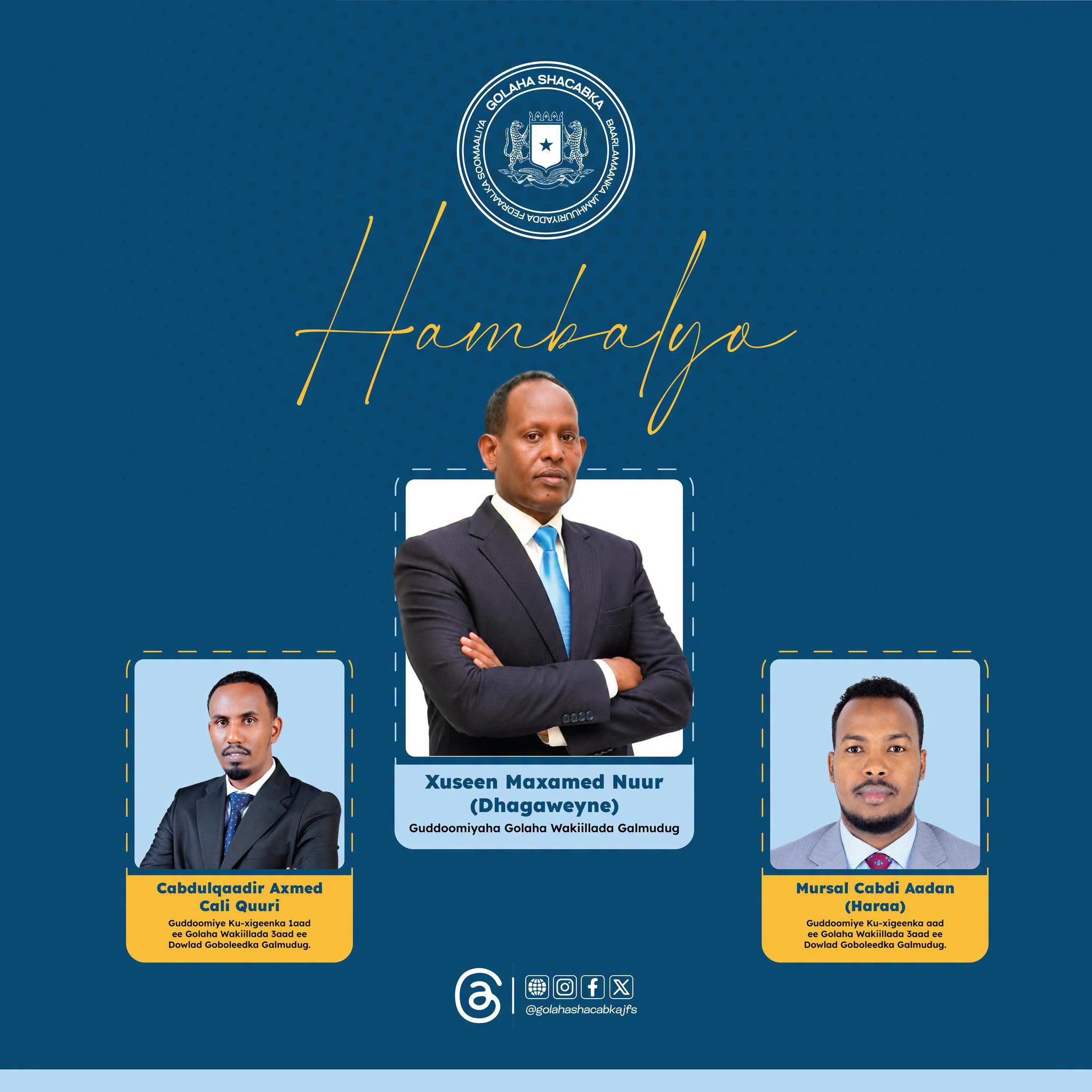 Guddoomiyaha Golaha Shacabka BJFS oo Hambalyo u diray Guddoonka cusub ee Golaha Wakiillada Galmudug